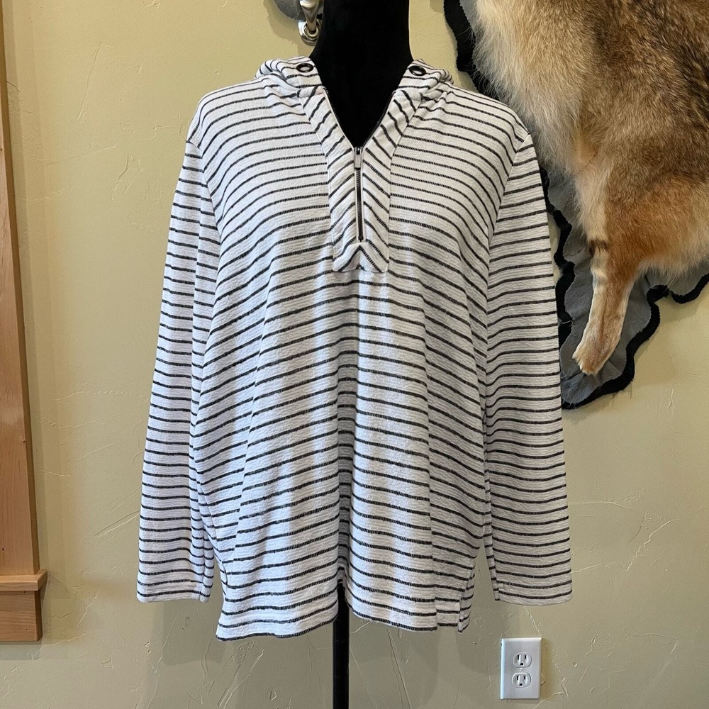 Tribal Womens XL Striped Hooded Pullover French Terry Nautical Coastal Lagenlook